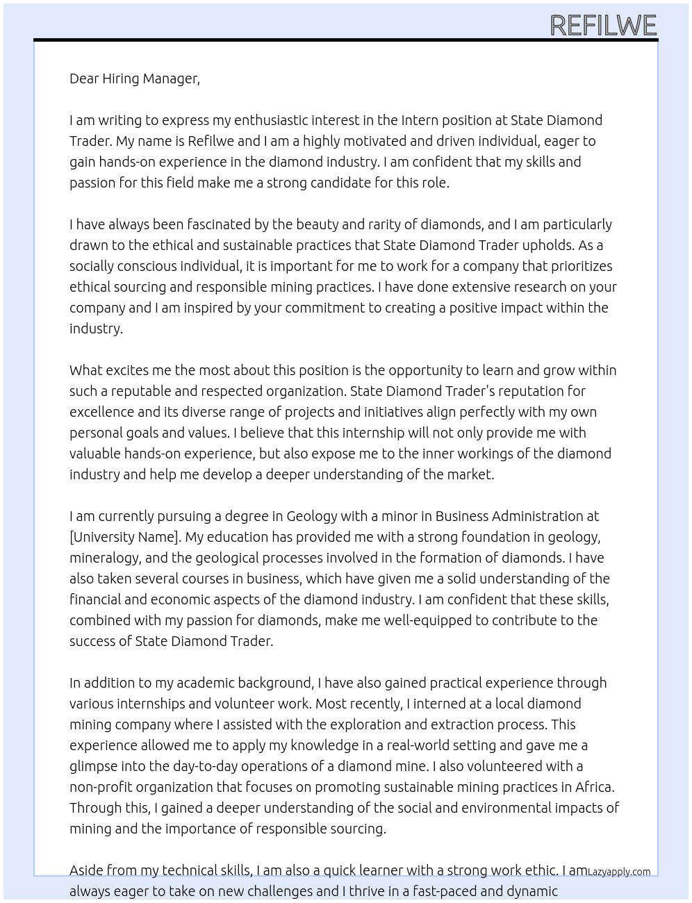 Intern At State diamond trader Cover Letter