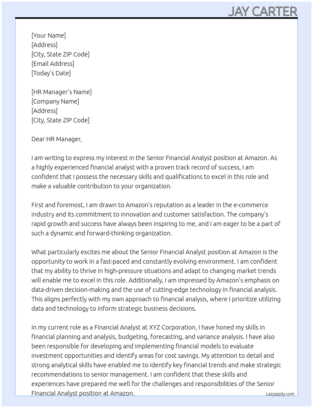 Senior Financial Analyst At Amazon Cover Letter