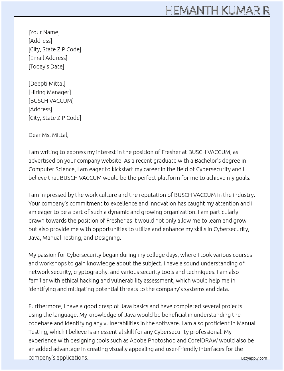 Fresher At BUSCH VACCUM Cover Letter
