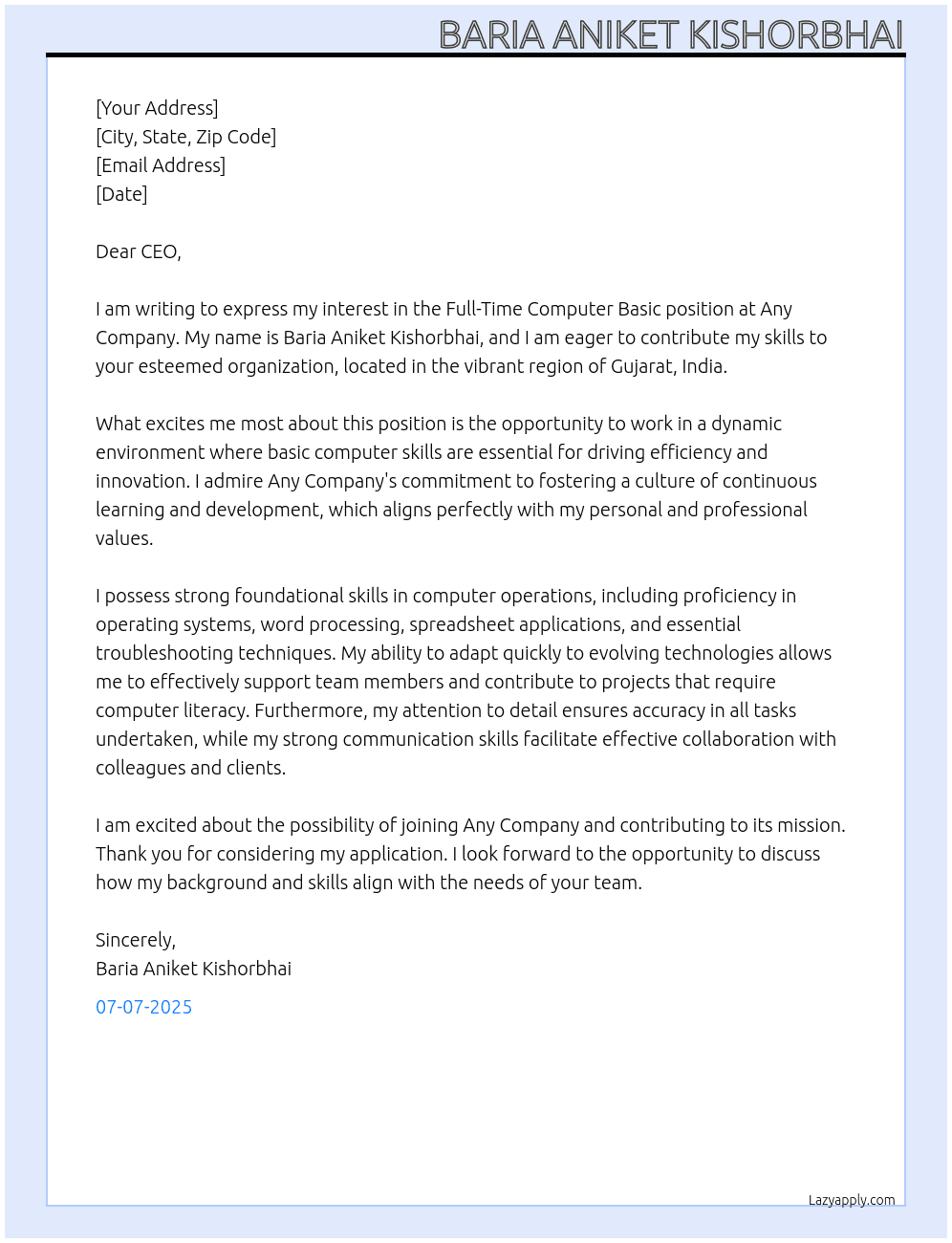 Cover letter for computer basic - LazyApply