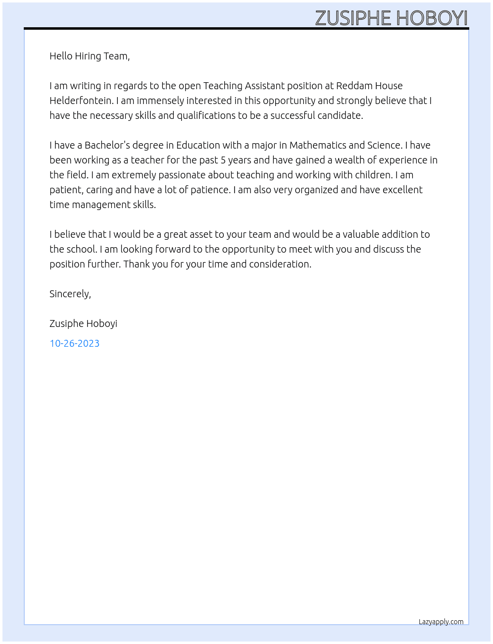 Teaching assistant At Reddam House Helderfontein Cover Letter