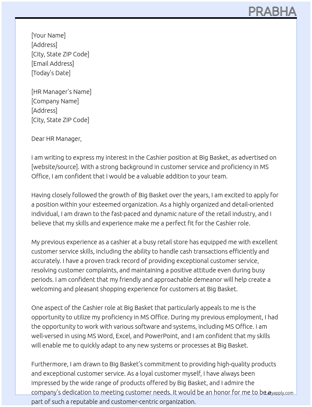 Cashier At Big Basket Cover Letter