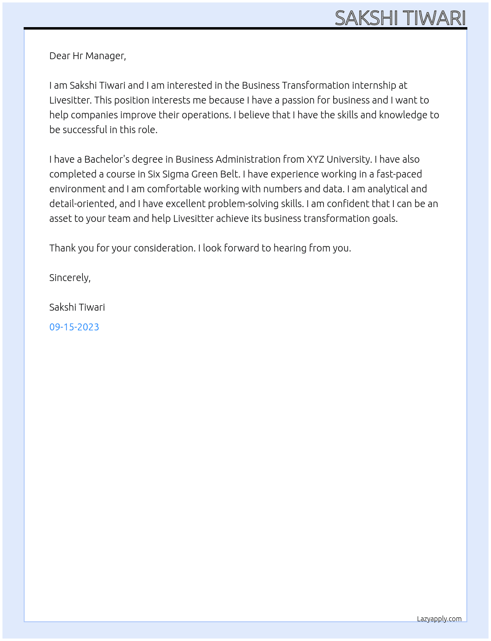 Business transformation internship  At Livesitter Cover Letter