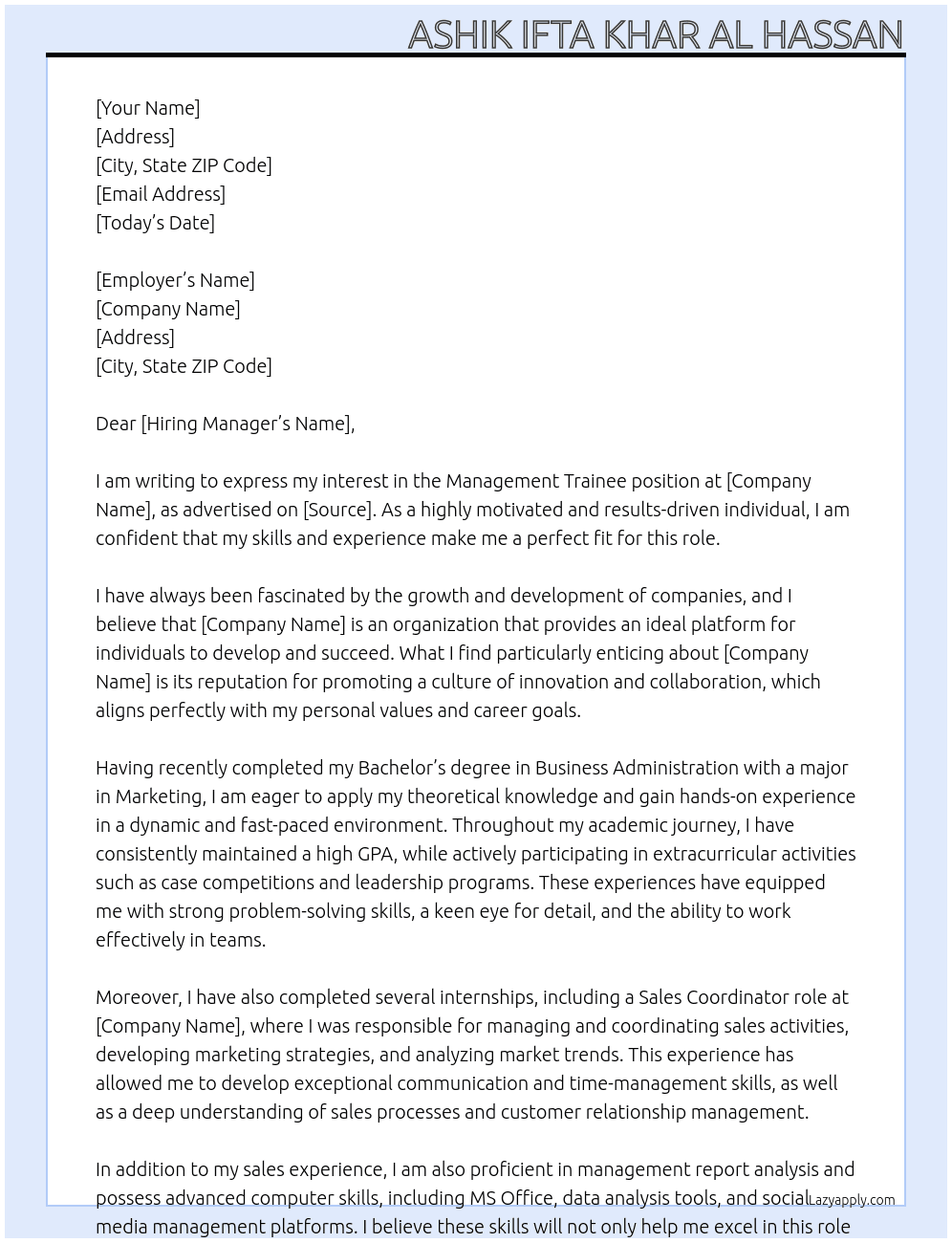 Management Trainee At New York office Cover Letter
