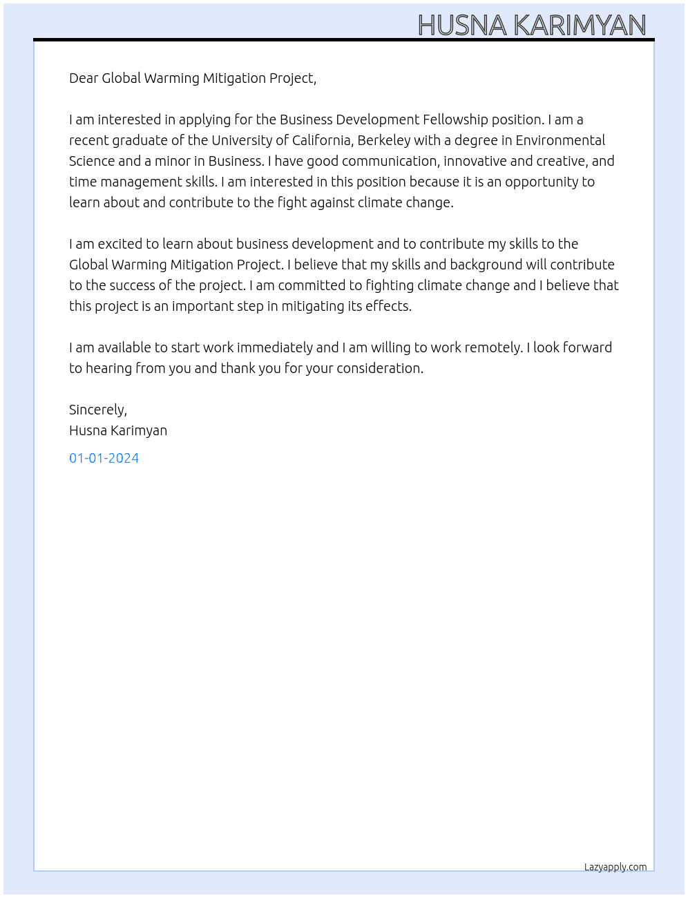 Business development fellowship  At Global warming mitigation project  Cover Letter