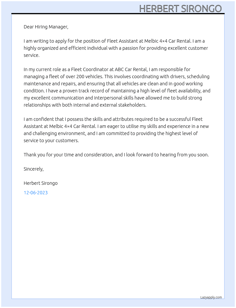 Fleet Assistant  At Melbic 4×4 Car Rental  Cover Letter