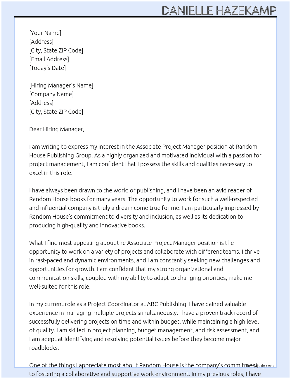 Associate Project Manager At Random House Publishing Group Cover Letter