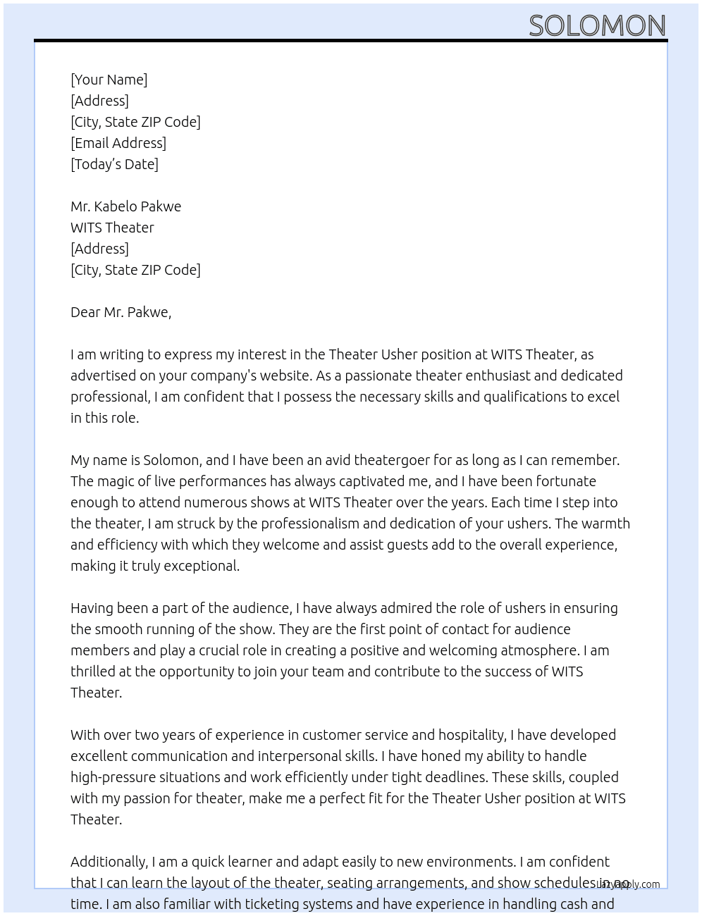 Theater usher  At WITS Theater  Cover Letter