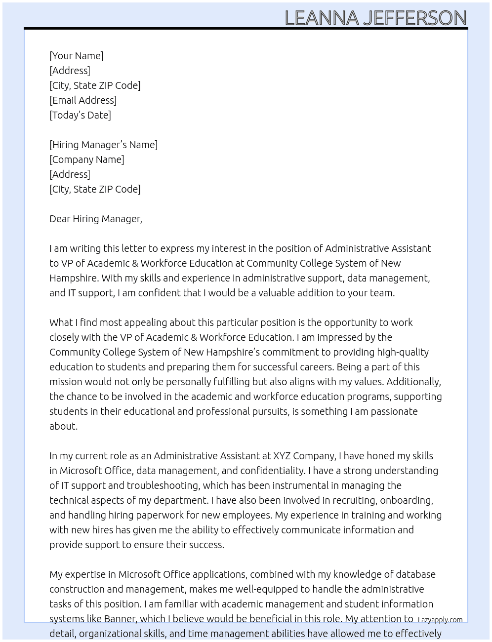 Administrative Asst. to VP of Academic & Workforce Education At Community College System of New Hampshire  Cover Letter