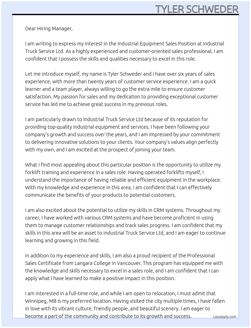 Industrial Equipment Sales Position At Industrial Truck Service Ltd Cover Letter