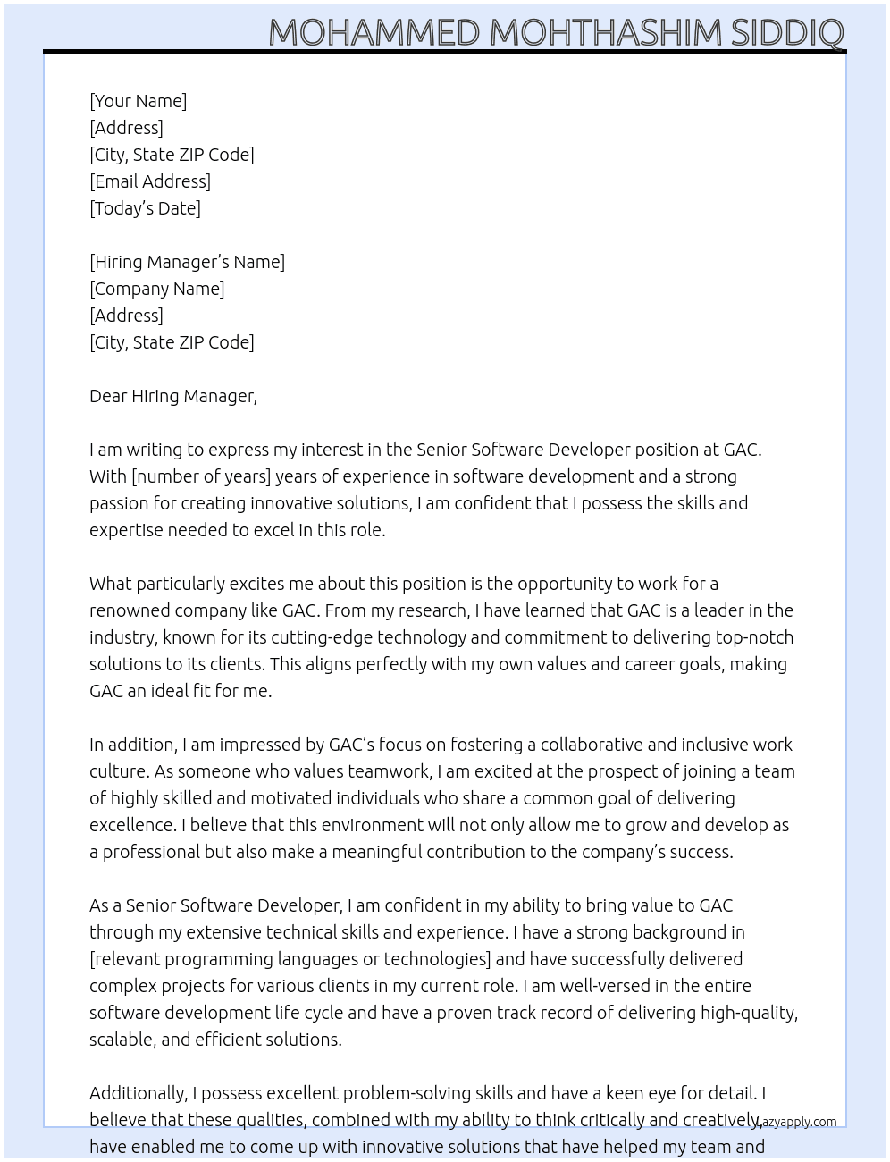 Senior Software Developer At GAC Cover Letter