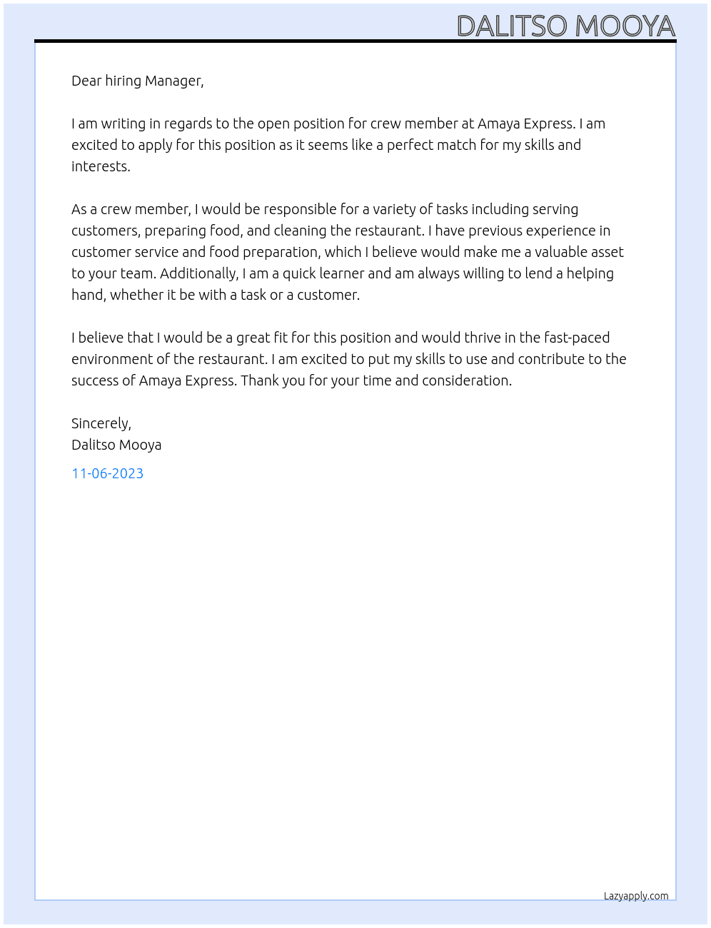 crew member At Amaya Express Cover Letter