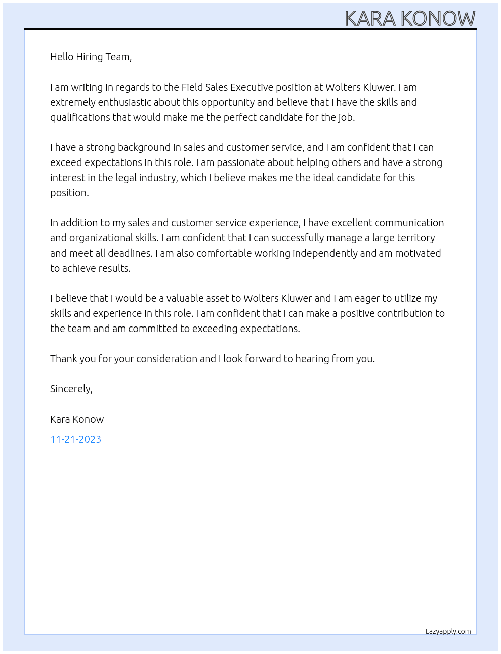 Field Sales Executive At Wolters Kluwer Cover Letter