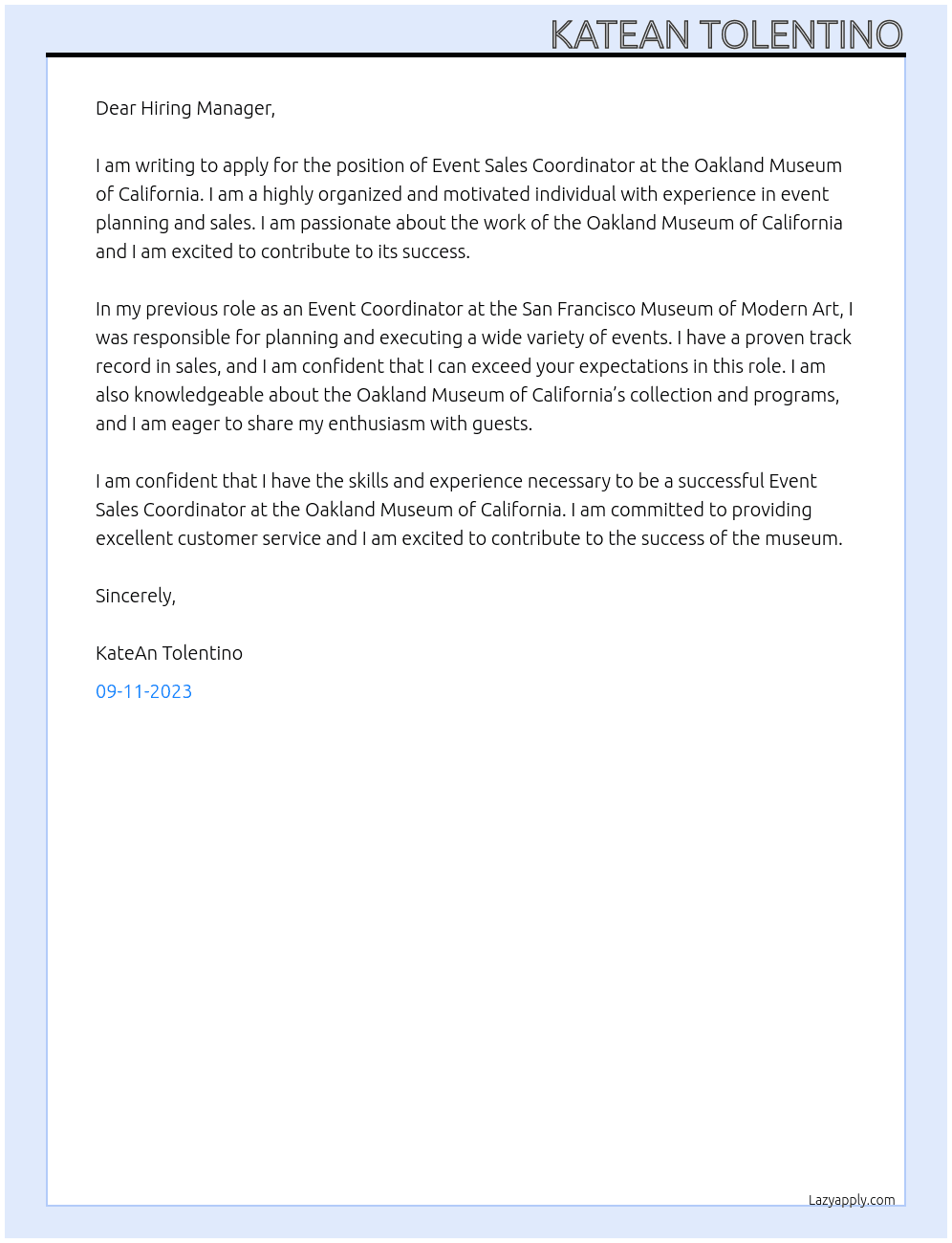 Event Sales Coordinator At Oakland Museum of California Cover Letter