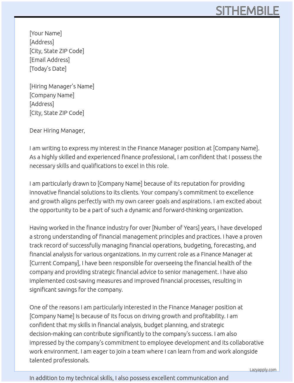 Finance Manager At Finance Manager Cover Letter