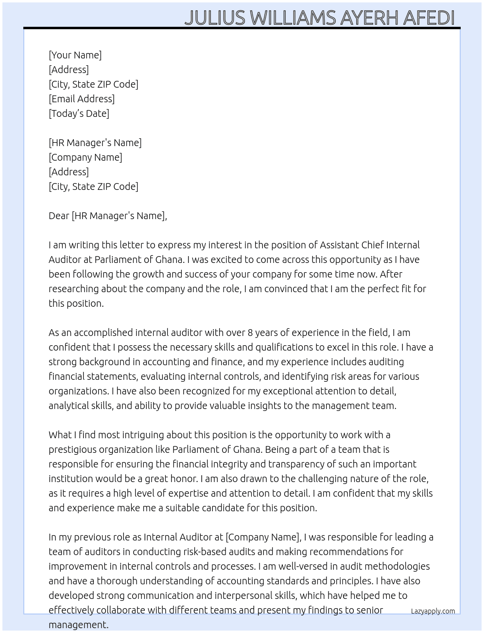 Assistant Chief Internal Auditor At Parliament of Ghana  Cover Letter