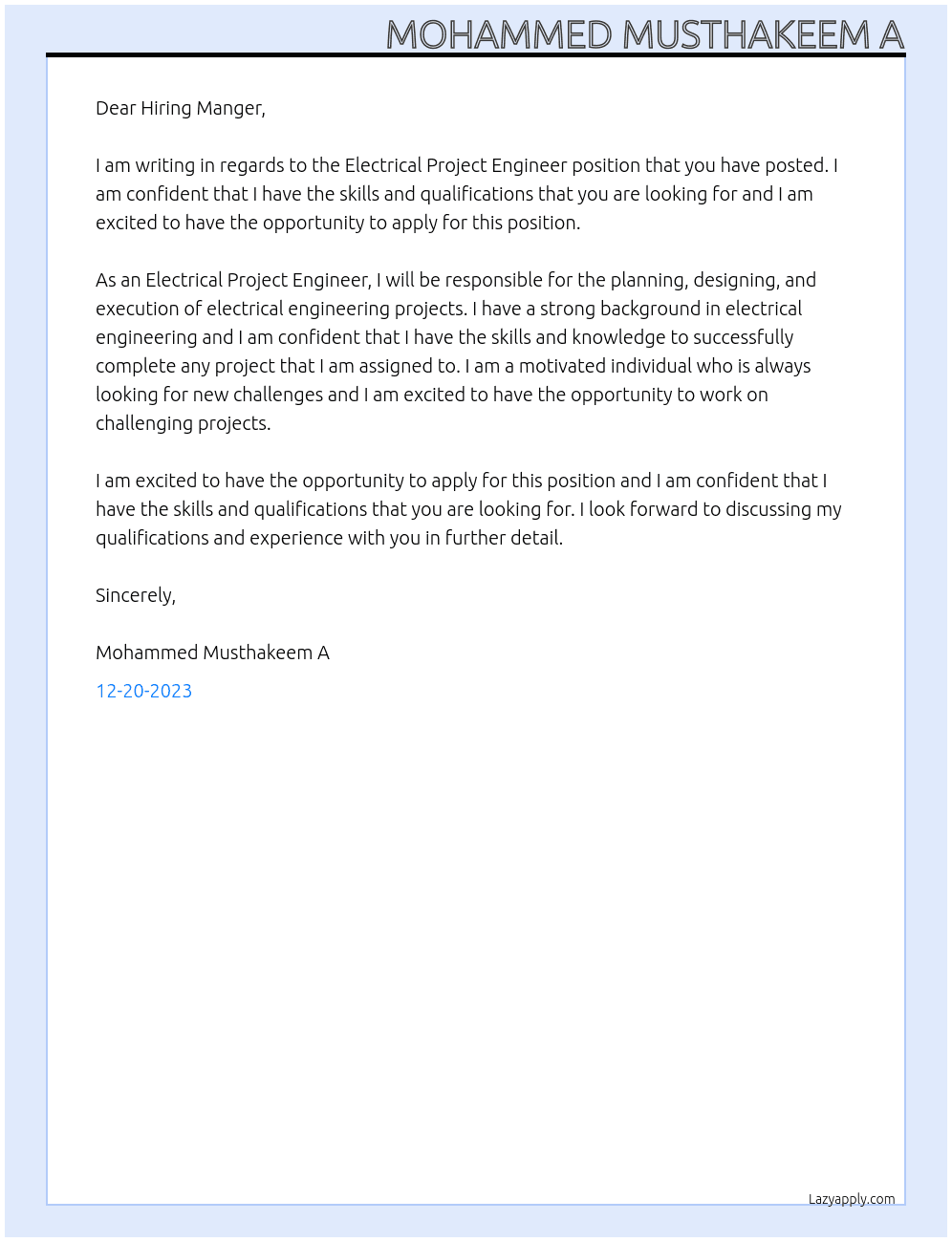 Electrical Project Engineer At Nil Cover Letter