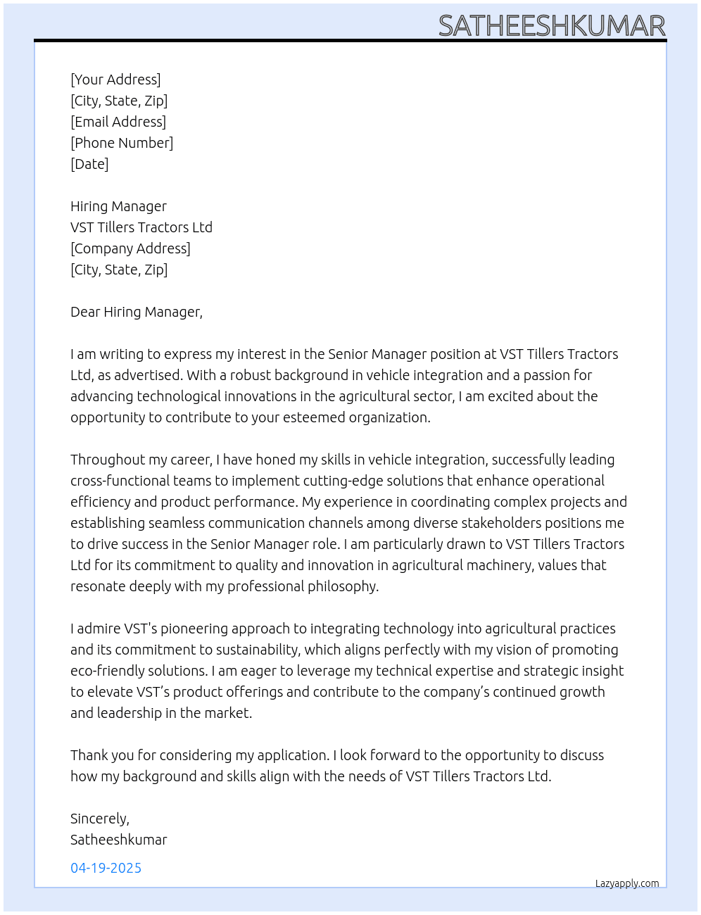 senior manager At VST tillers tractors ltd Cover Letter
