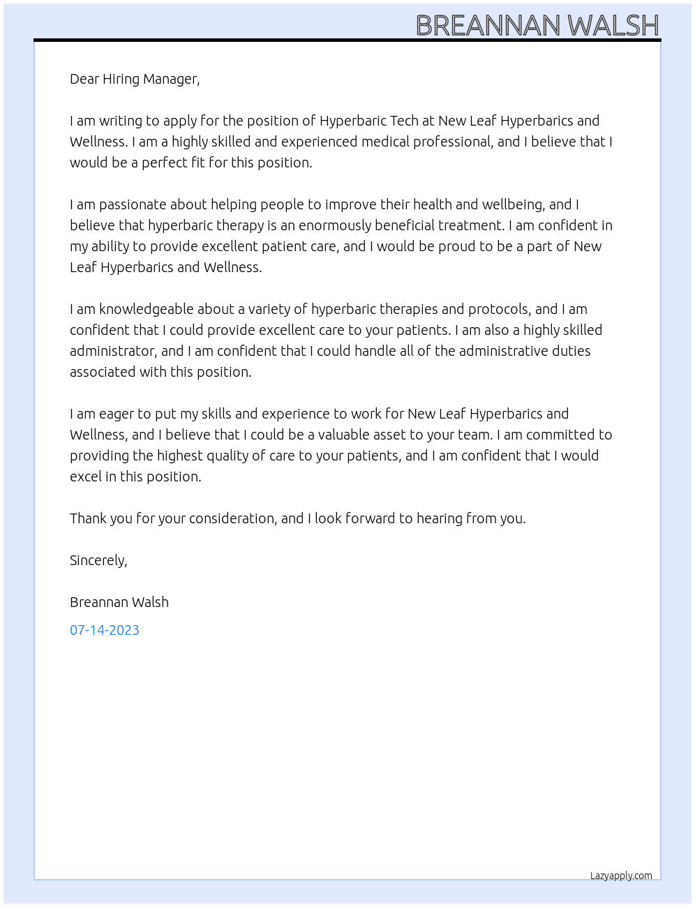 Hyperbaric Tech At New Leaf Hyperbarics and Wellness Cover Letter