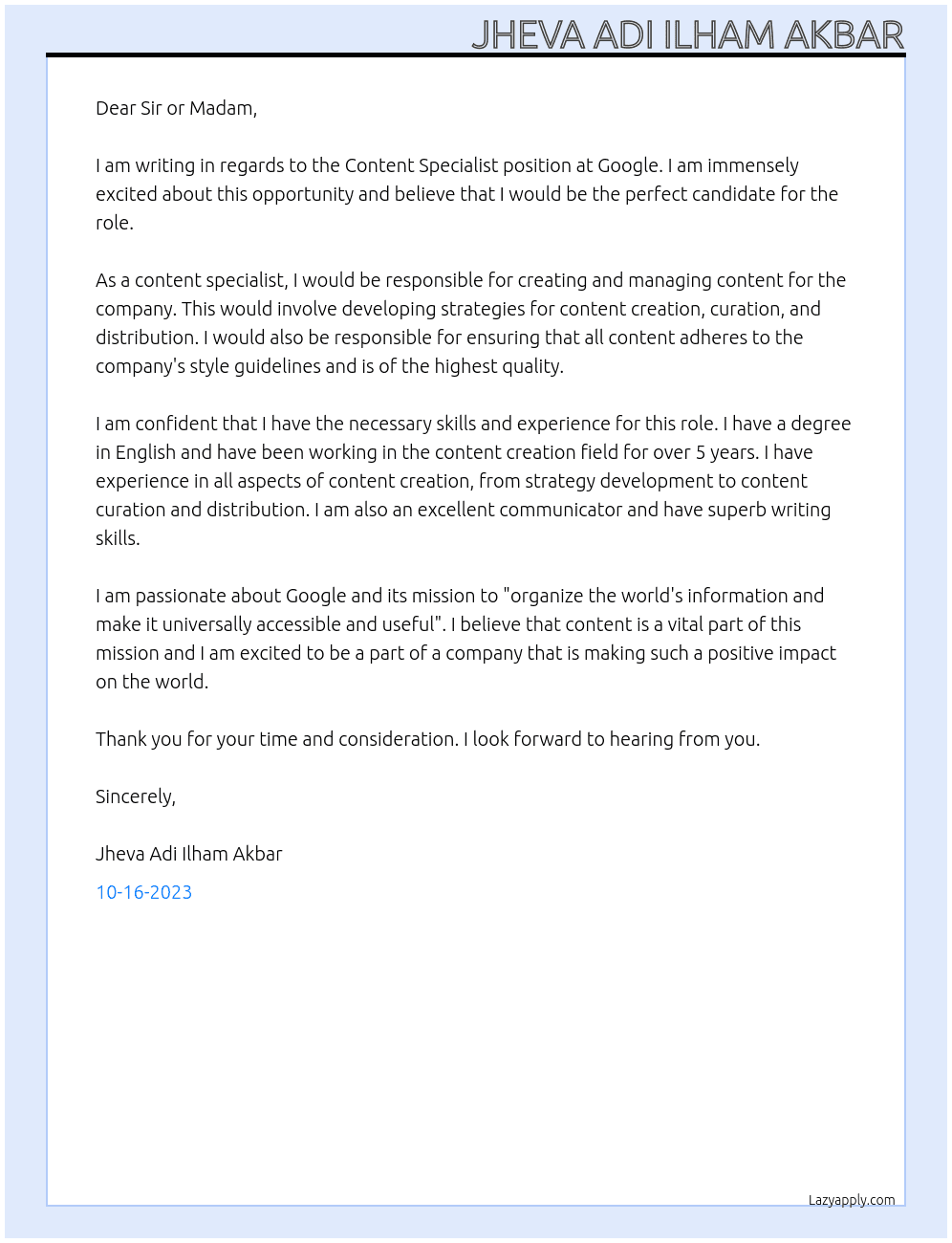 Content Specialist At Google Cover Letter