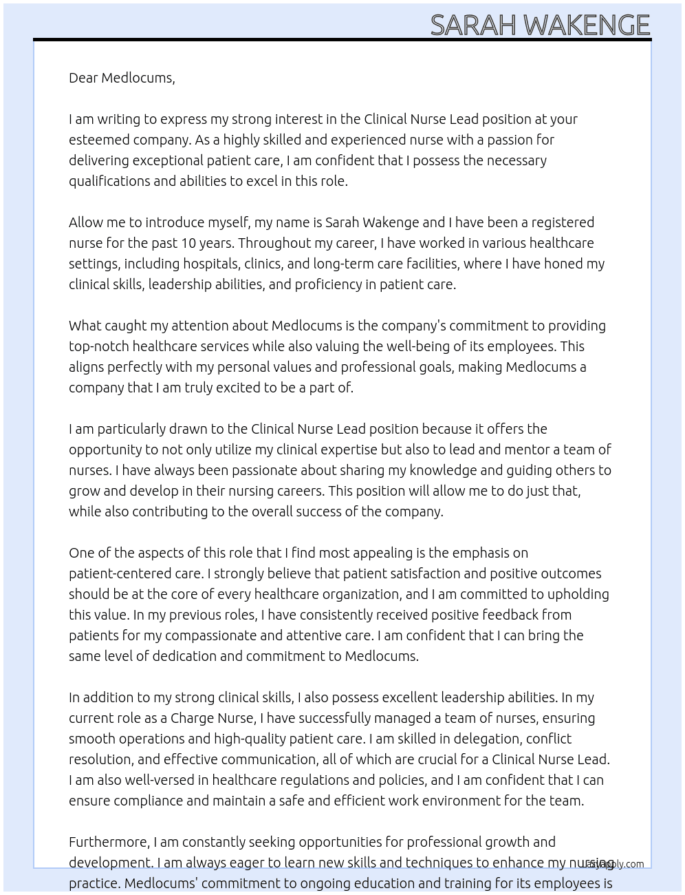 clinical nurse lead At Medlocums Cover Letter