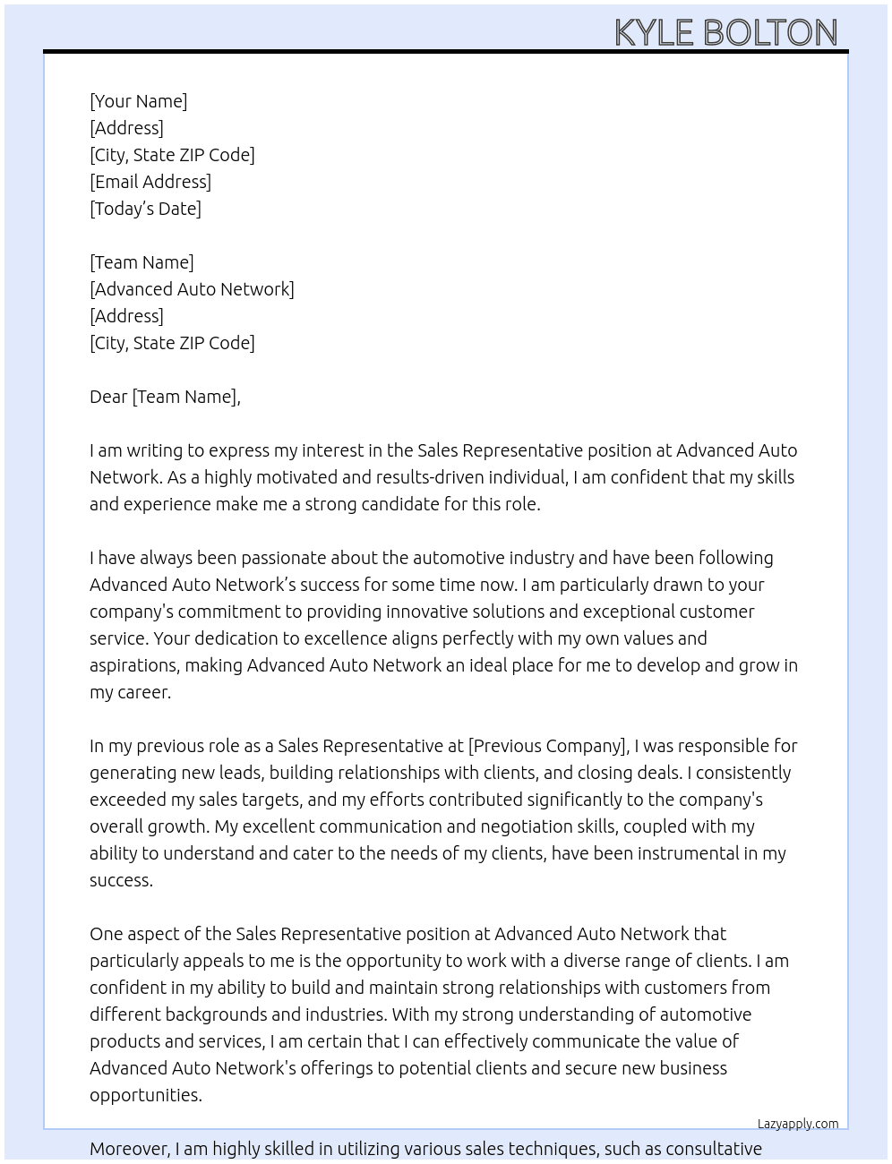Sales Representative  At Advanced Auto Network  Cover Letter