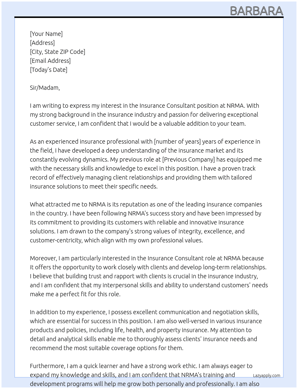Insurance Consuktant At NRMA Cover Letter