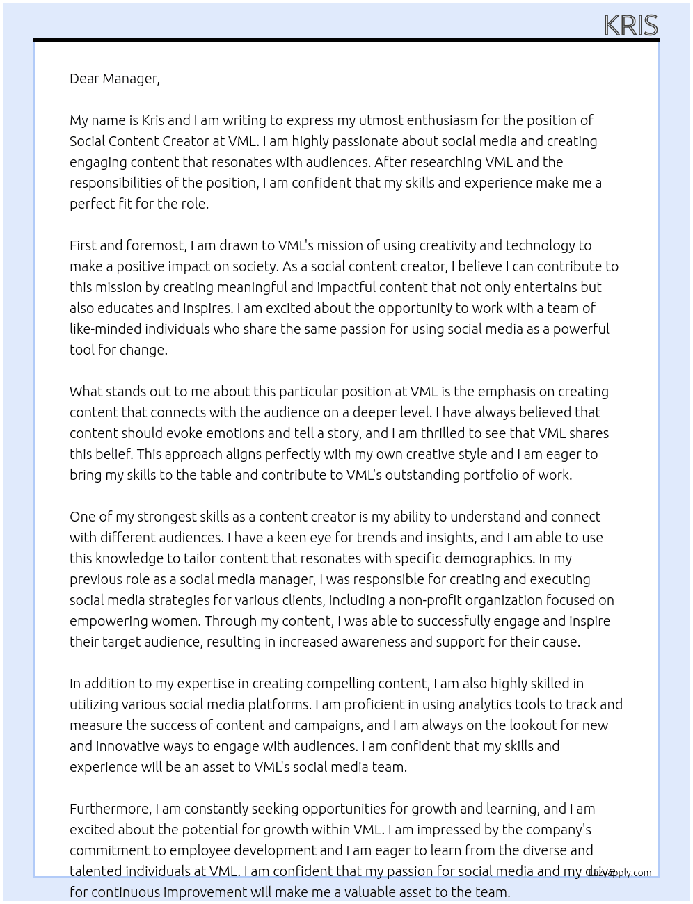 Social Content Creator At VML Cover Letter