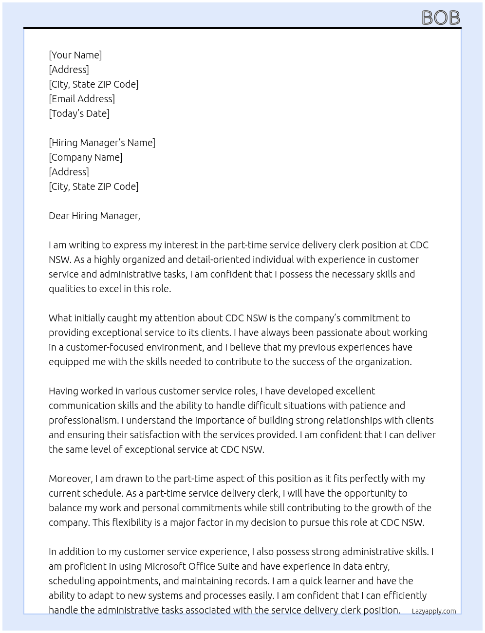 part time service delivery clerk At CDC NSW Cover Letter