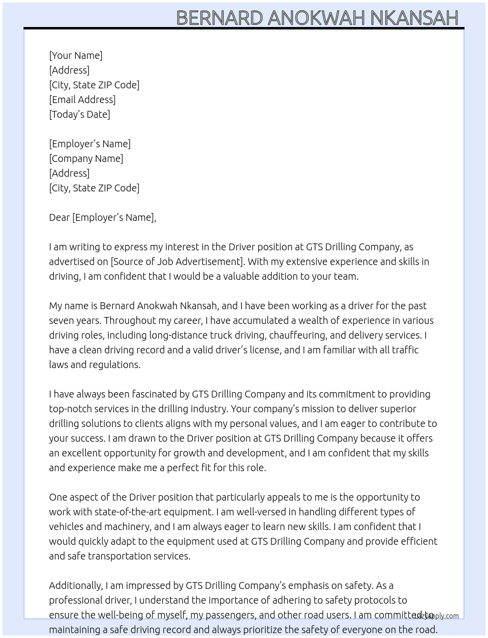 DRIVER At GTS drilling company  Cover Letter