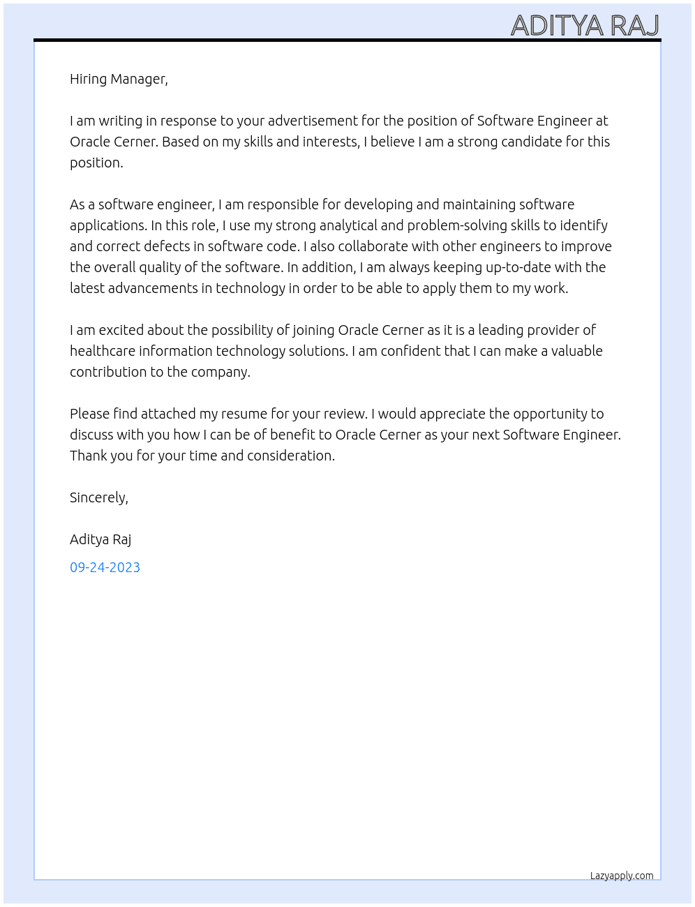 Software Engineer At Oracle Cerner Cover Letter