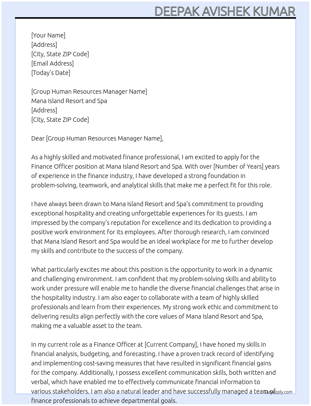 Finance Officer At Mana Island Resort and Spa Cover Letter