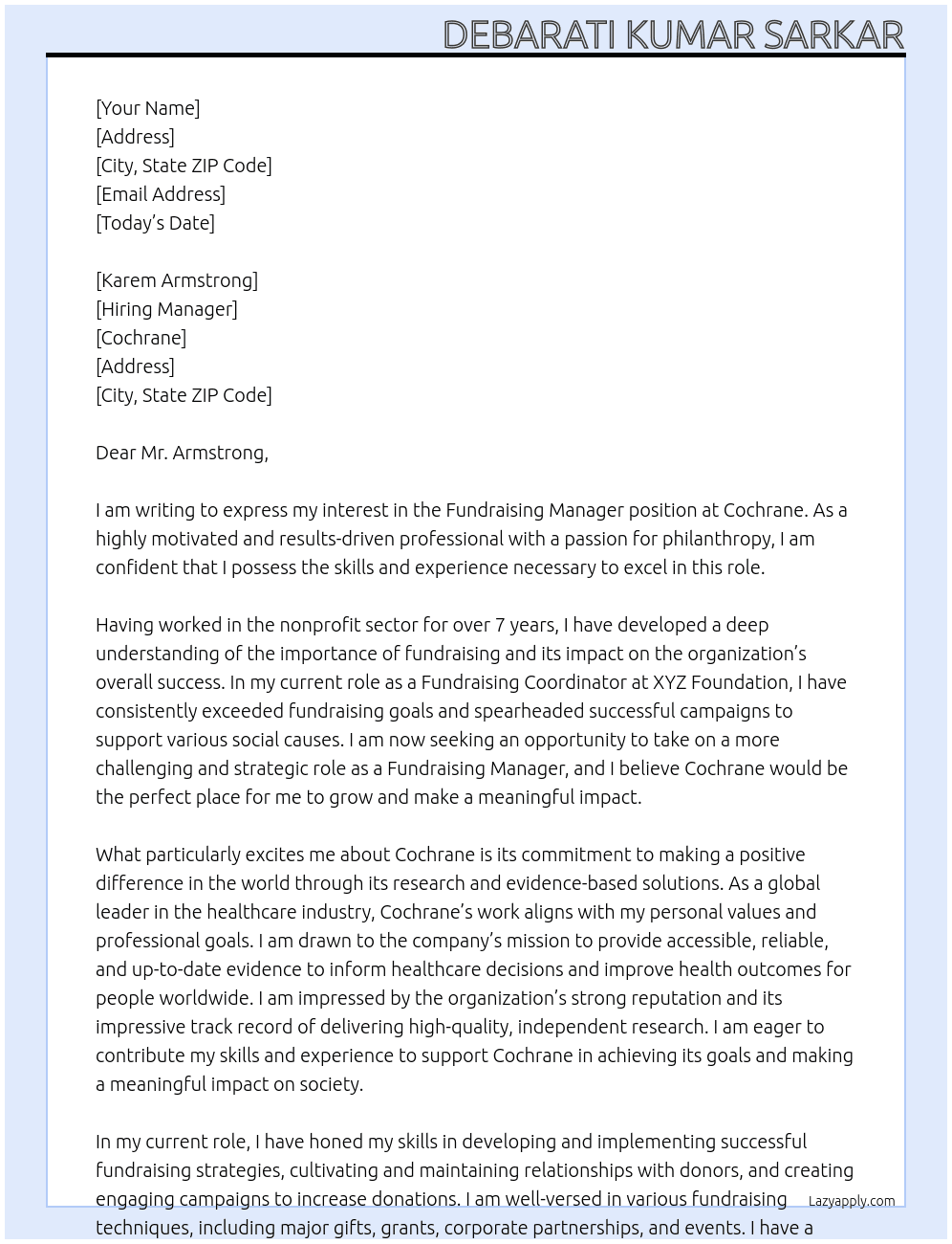 Fundraising manager At Cochrane Cover Letter