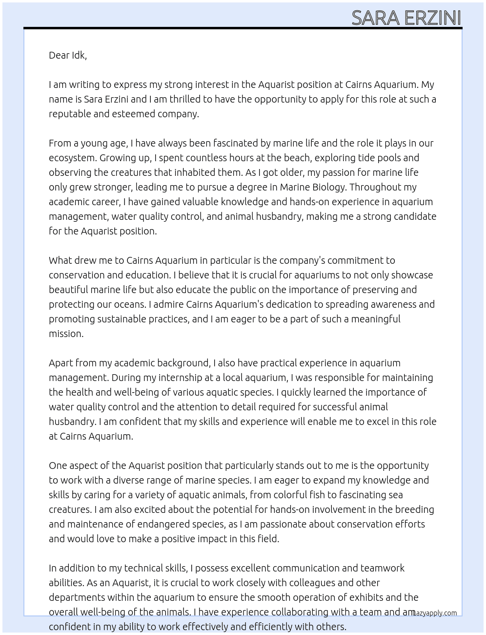 Aquarist At Cairns Aquarium Cover Letter