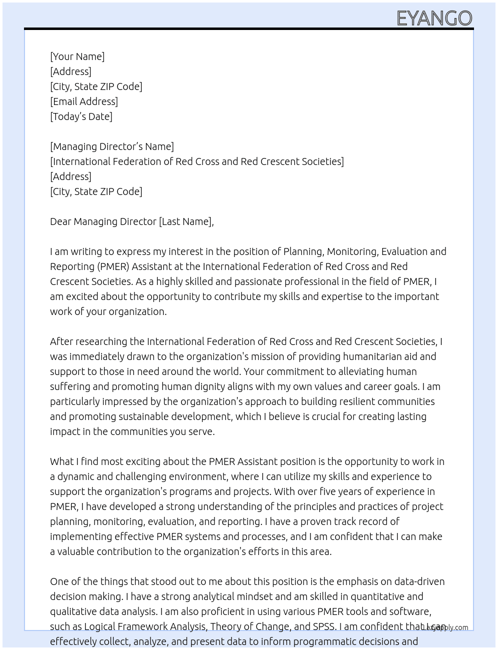 Planning, Monitoring, Evaluation and Reporting (PMER) Assistant At International Federation of Red Cross and Red Crescent Societies  Cover Letter