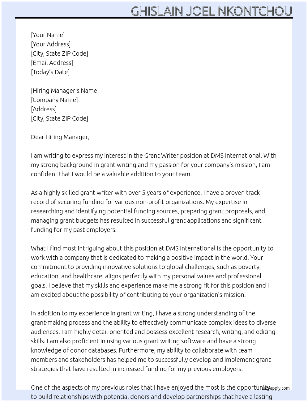 Grant Writer At DMS International Cover Letter