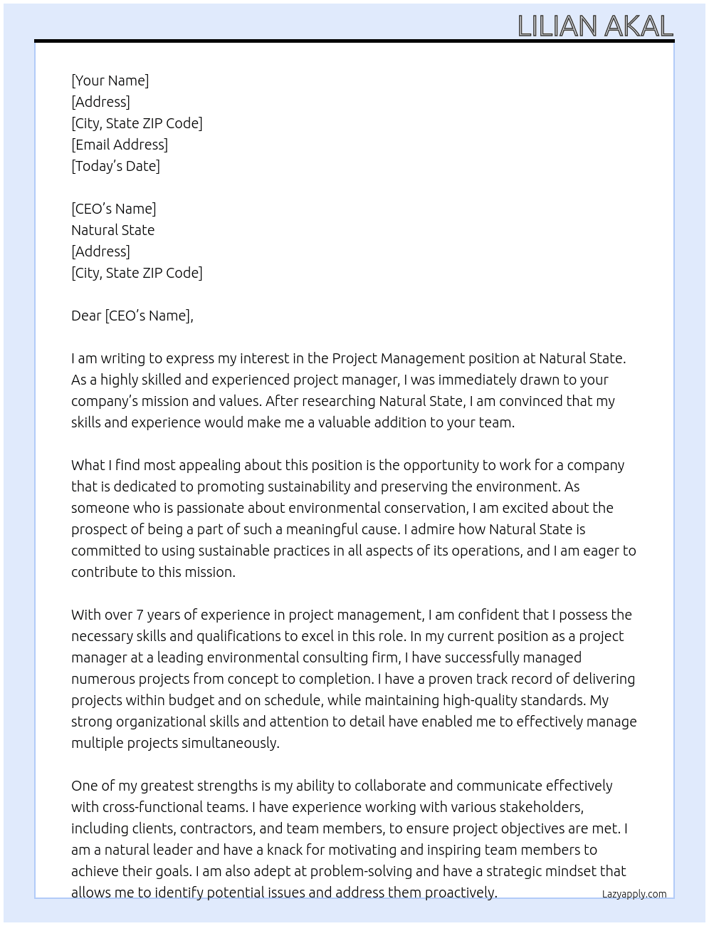 Project management  At Natural state Cover Letter