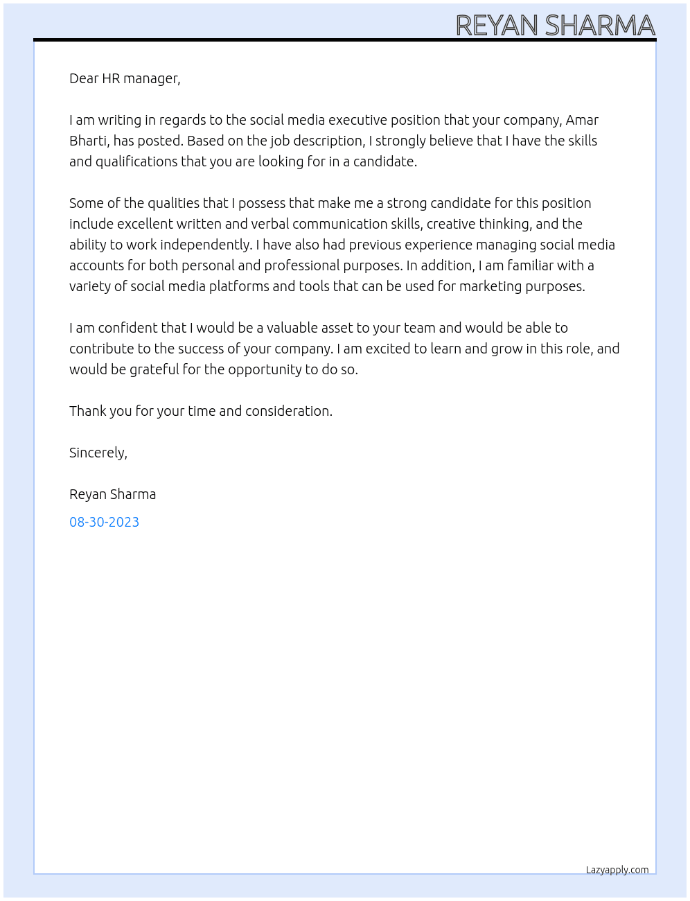 Social Media executives At amar bharti Cover Letter