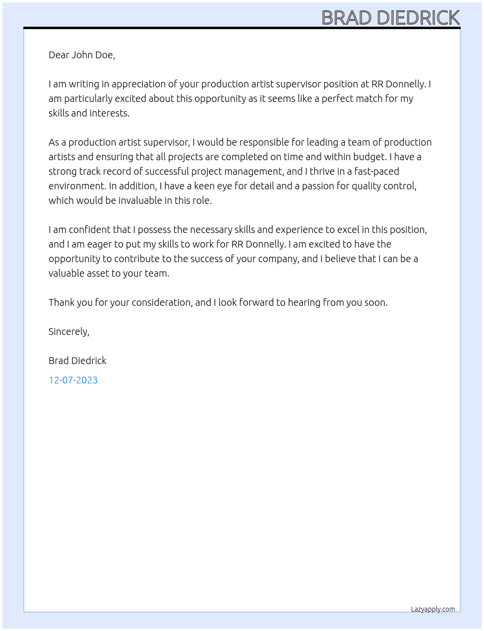 Production Artist Supervisor At RR Donnelly Cover Letter