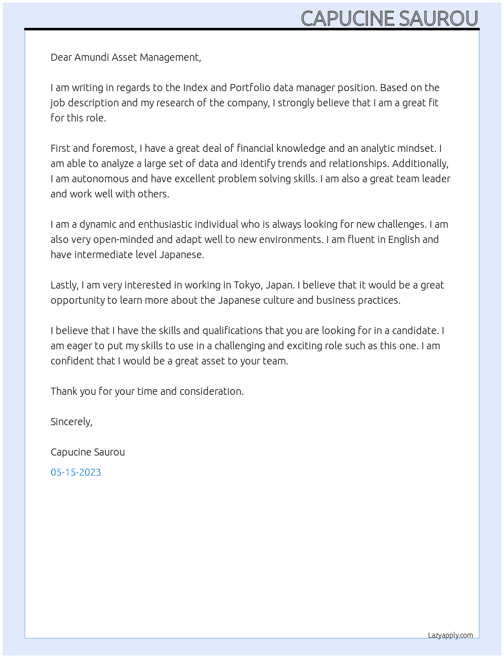 Index and Portfolio data manager At Amundi Asset Management Cover Letter