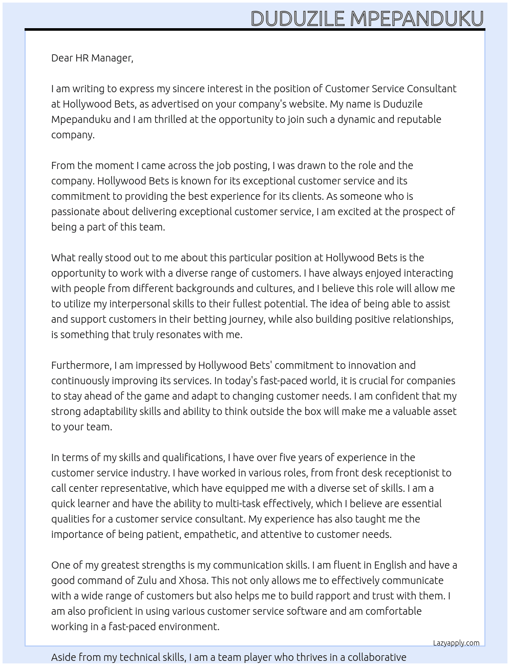 Customer service consultant At Hollywood Bets Cover Letter