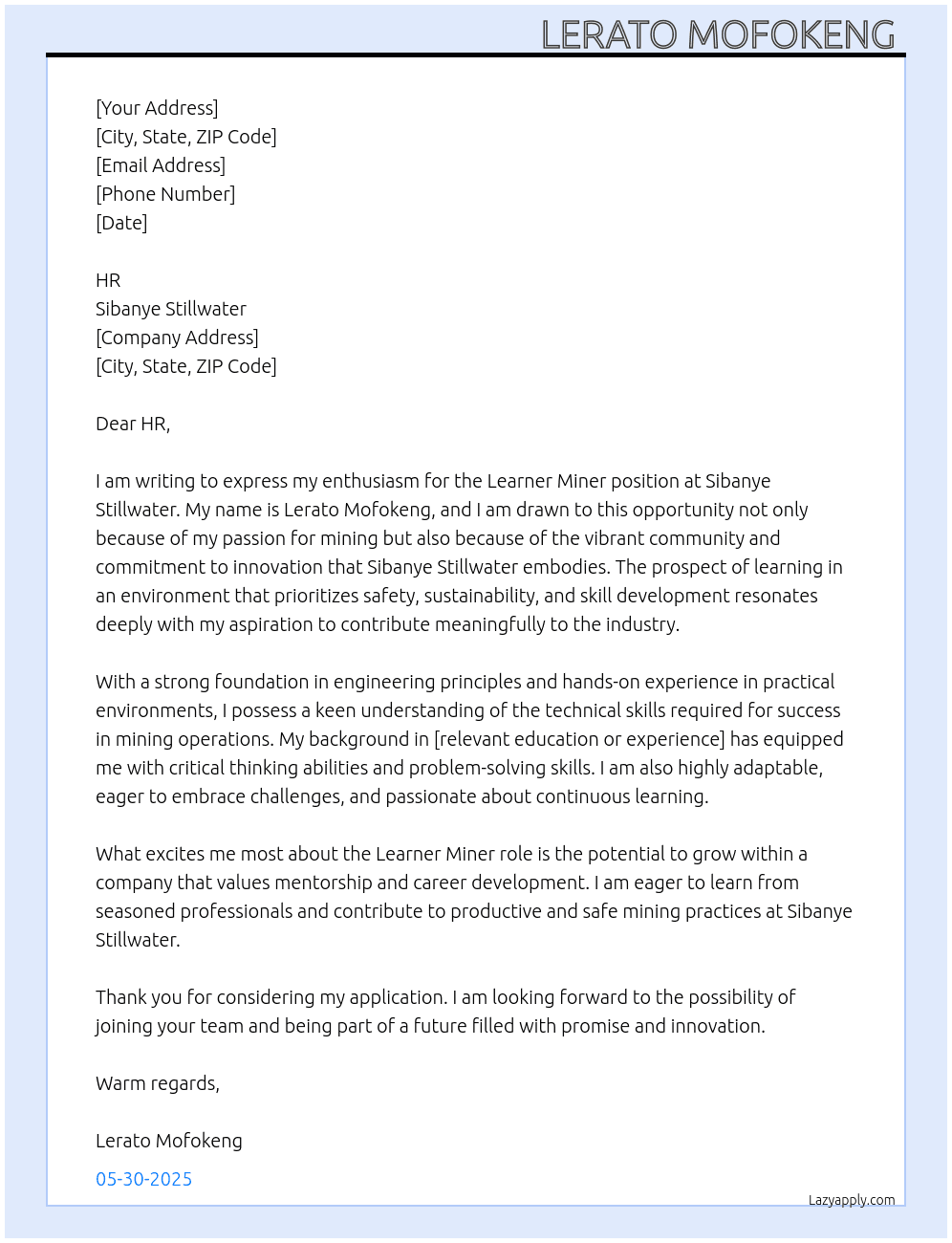Cover letter for learner miner position - LazyApply