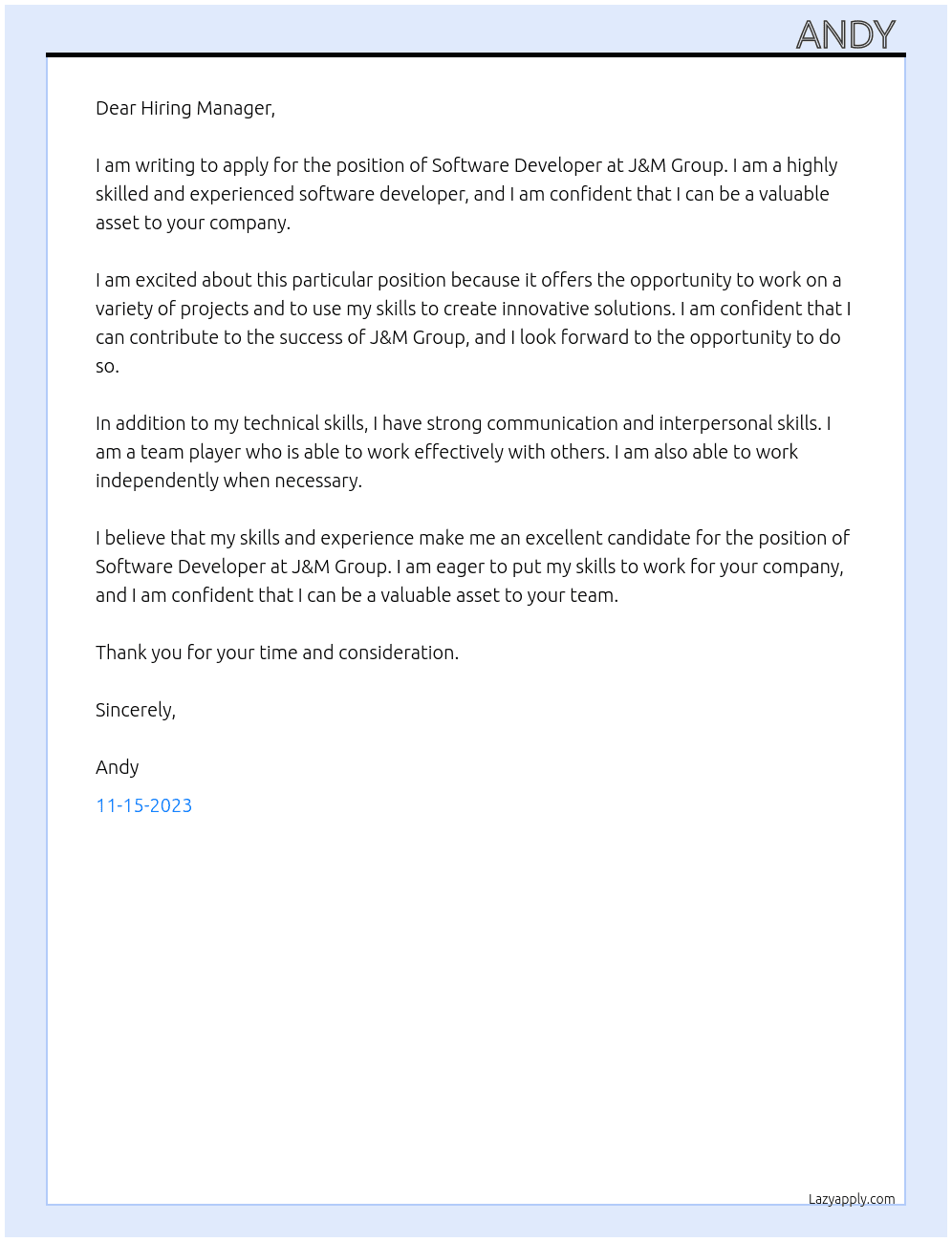 Software developer At J&M Group Cover Letter