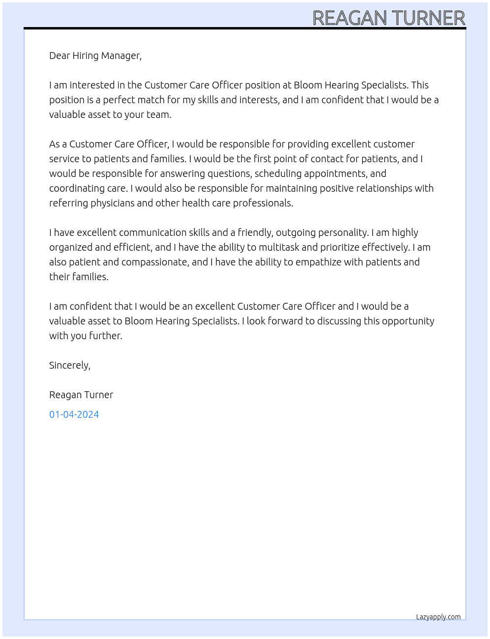 Customer Care Officer At Bloom Hearing Specialists Cover Letter