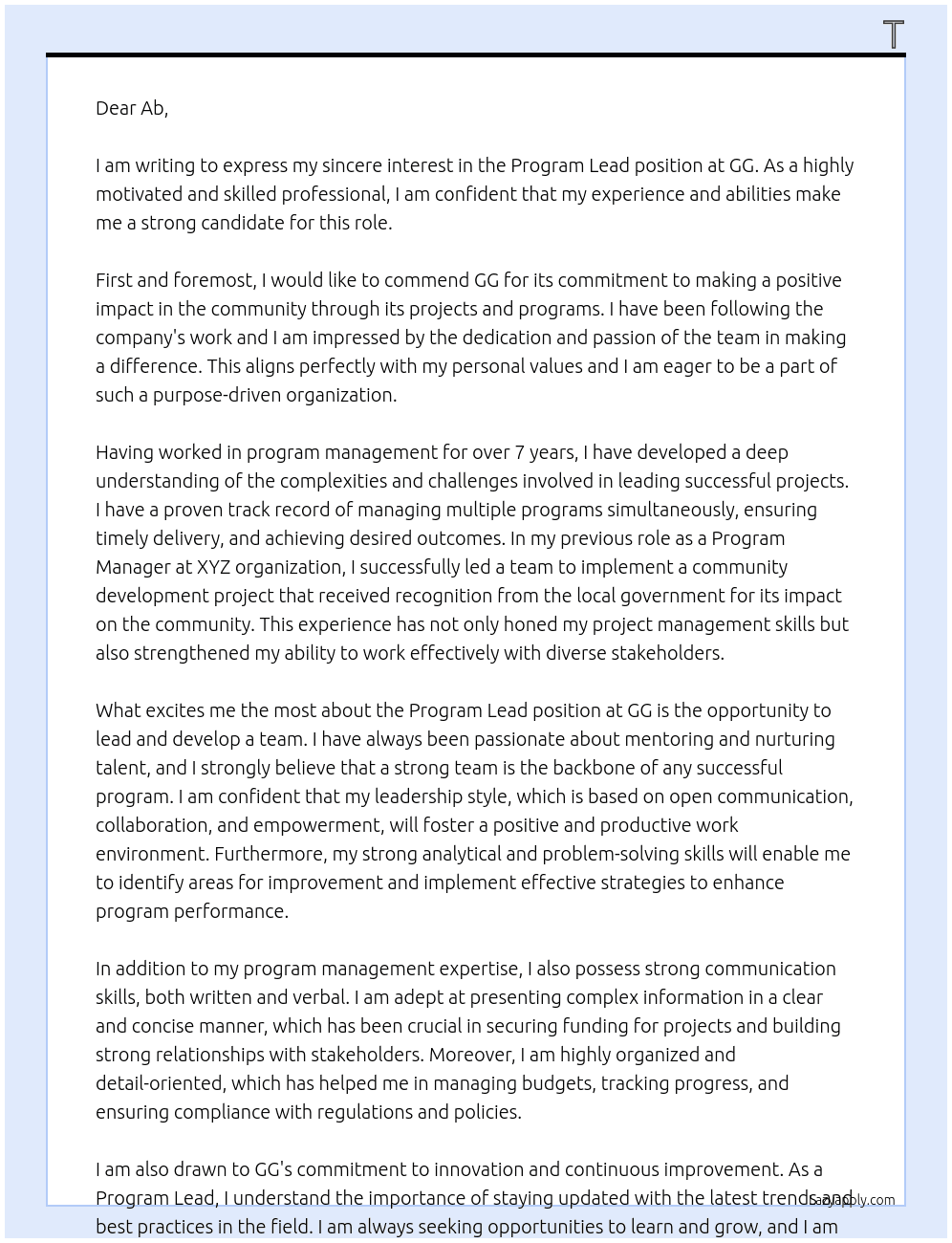 program lead At gg Cover Letter