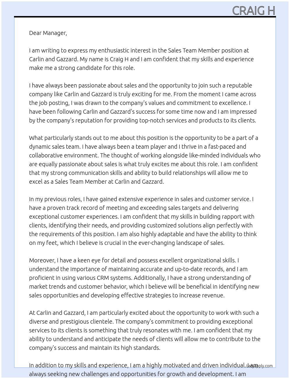 Sales Team Member At Carlin and Gazzard Cover Letter
