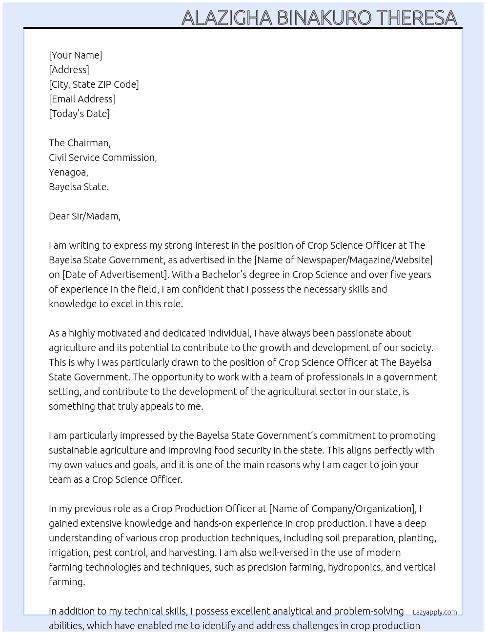 Crop science officer At The bayelsa state government  Cover Letter