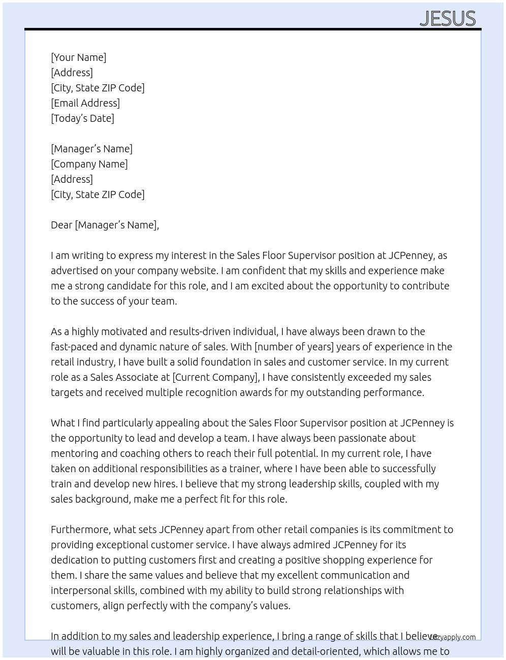 Sales Floor Supervisor  At Jcpenny Cover Letter