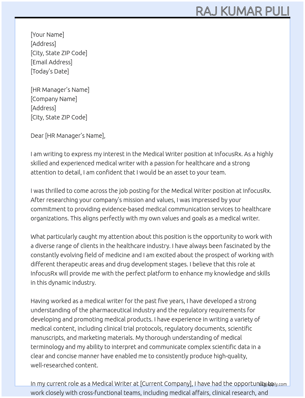 Medical writer  At InfocusRx Cover Letter