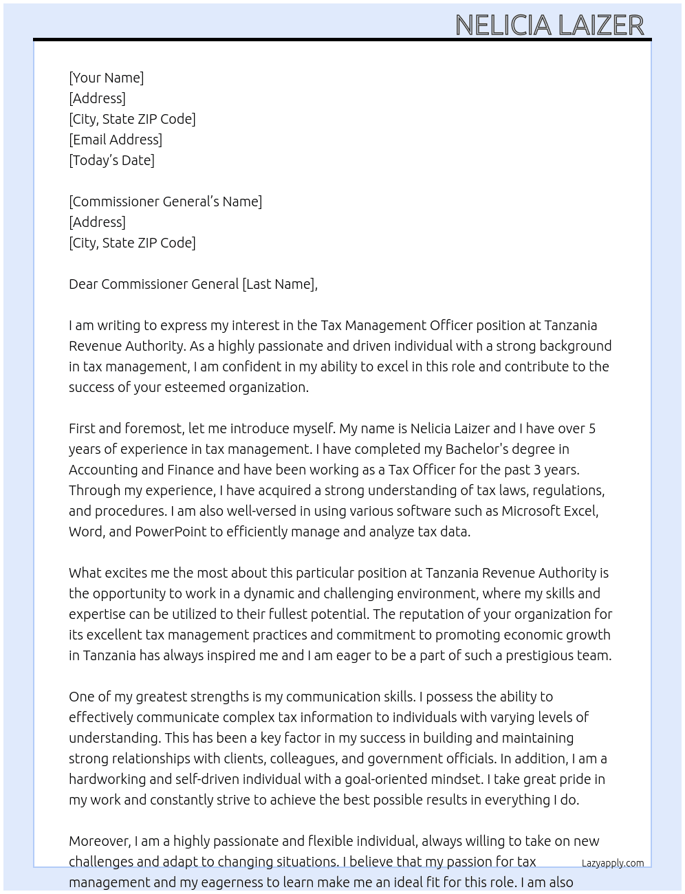 Tax management officer At Tanzania revenue authority Cover Letter